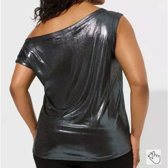 Torrid Liquid Knit Shimmering Black Off-Shoulder Top - Picture 2 of 5